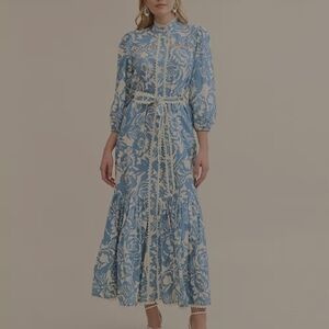 Avec Les Filles Blue and White Ruffled Maxi Dress